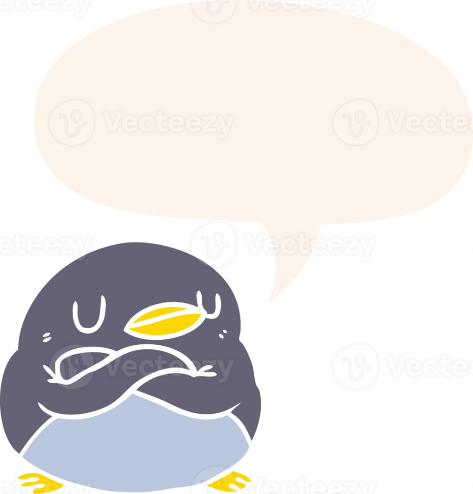 cartoon penguin with crossed arms with speech bubble in retro style png