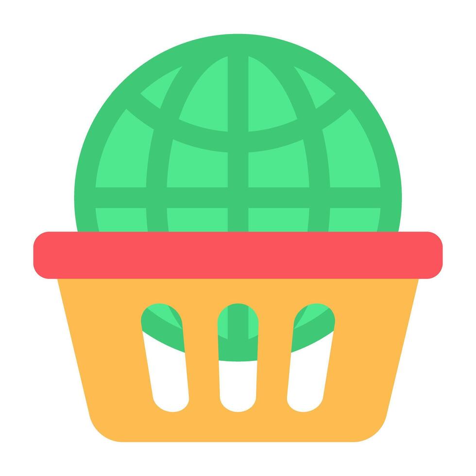 Globe with basket, flat design of global shopping icon vector