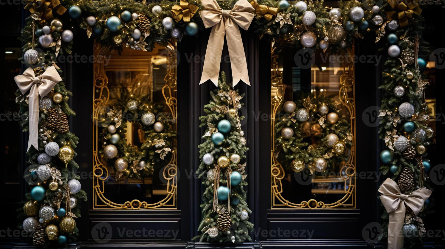 AI generated Christmas decoration details on English styled luxury high street city store door or shopping window display, holiday sale and shop decor photo