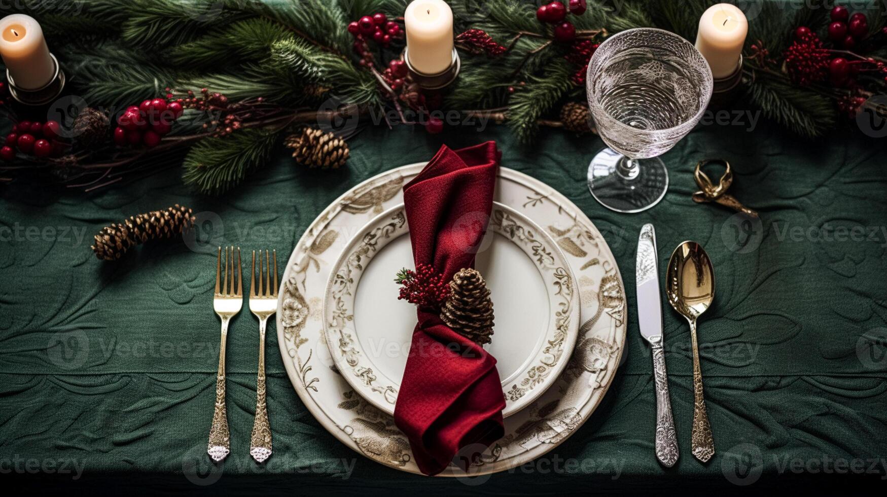 AI generated Christmas table decor, holiday tablescape and dinner table setting, formal event decoration for New Year, family celebration, English country and home styling photo