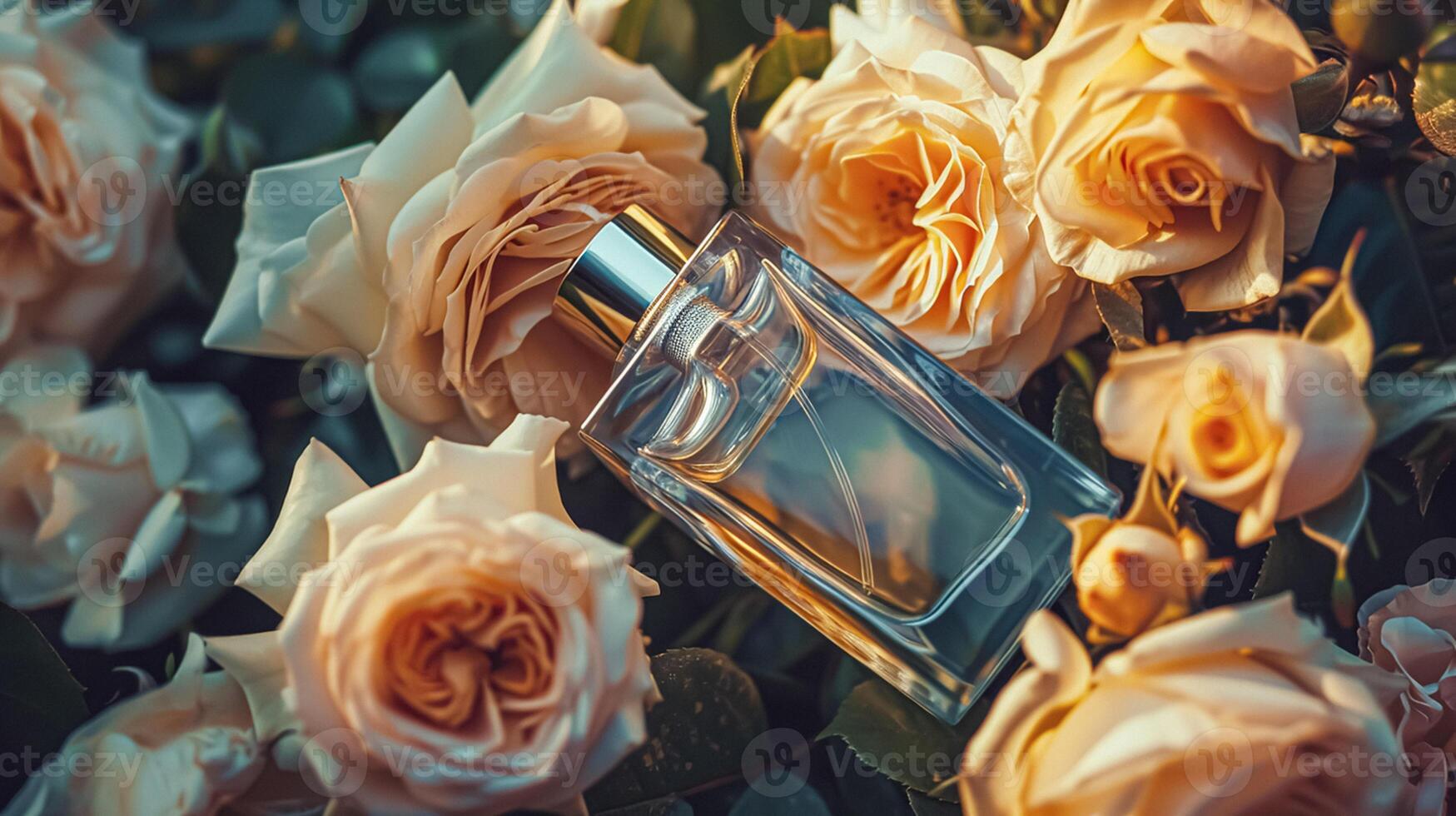 AI generated Perfume bottle in flowers, fragrance on blooming background, floral scent and cosmetic product photo