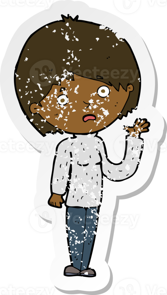 retro distressed sticker of a cartoon worried woman png