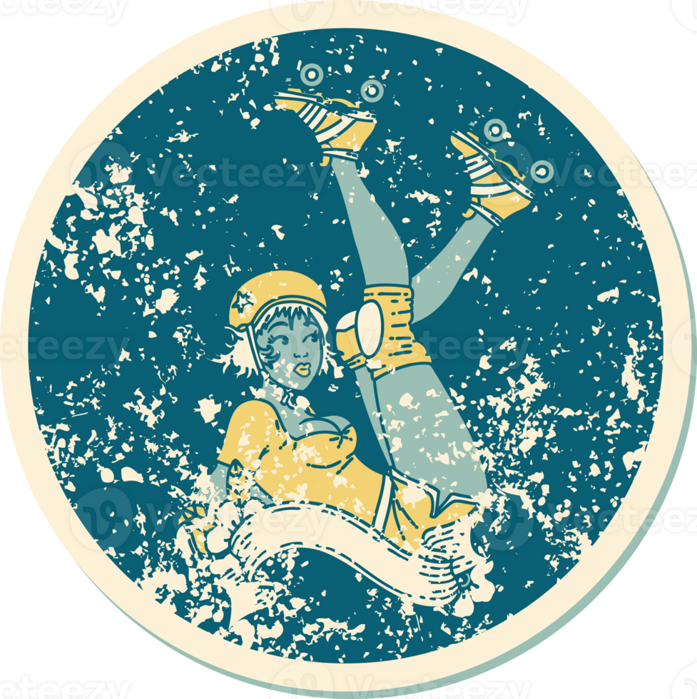 distressed sticker tattoo in traditional style of a pinup roller derby girl with banner png