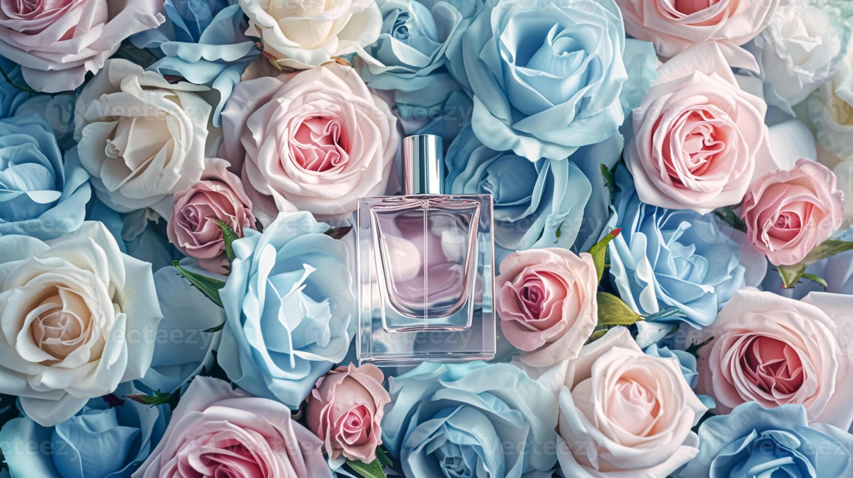 AI generated Perfume bottle in flowers, fragrance on blooming background, floral scent and cosmetic product photo