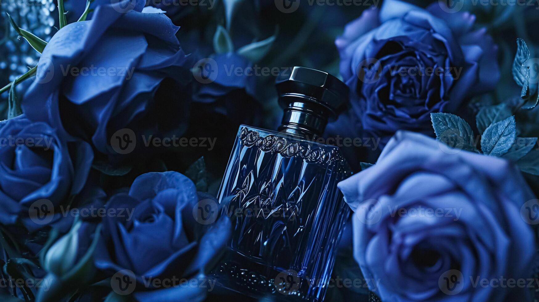 AI generated Perfume bottle in flowers, fragrance on blooming background, floral scent and cosmetic product photo