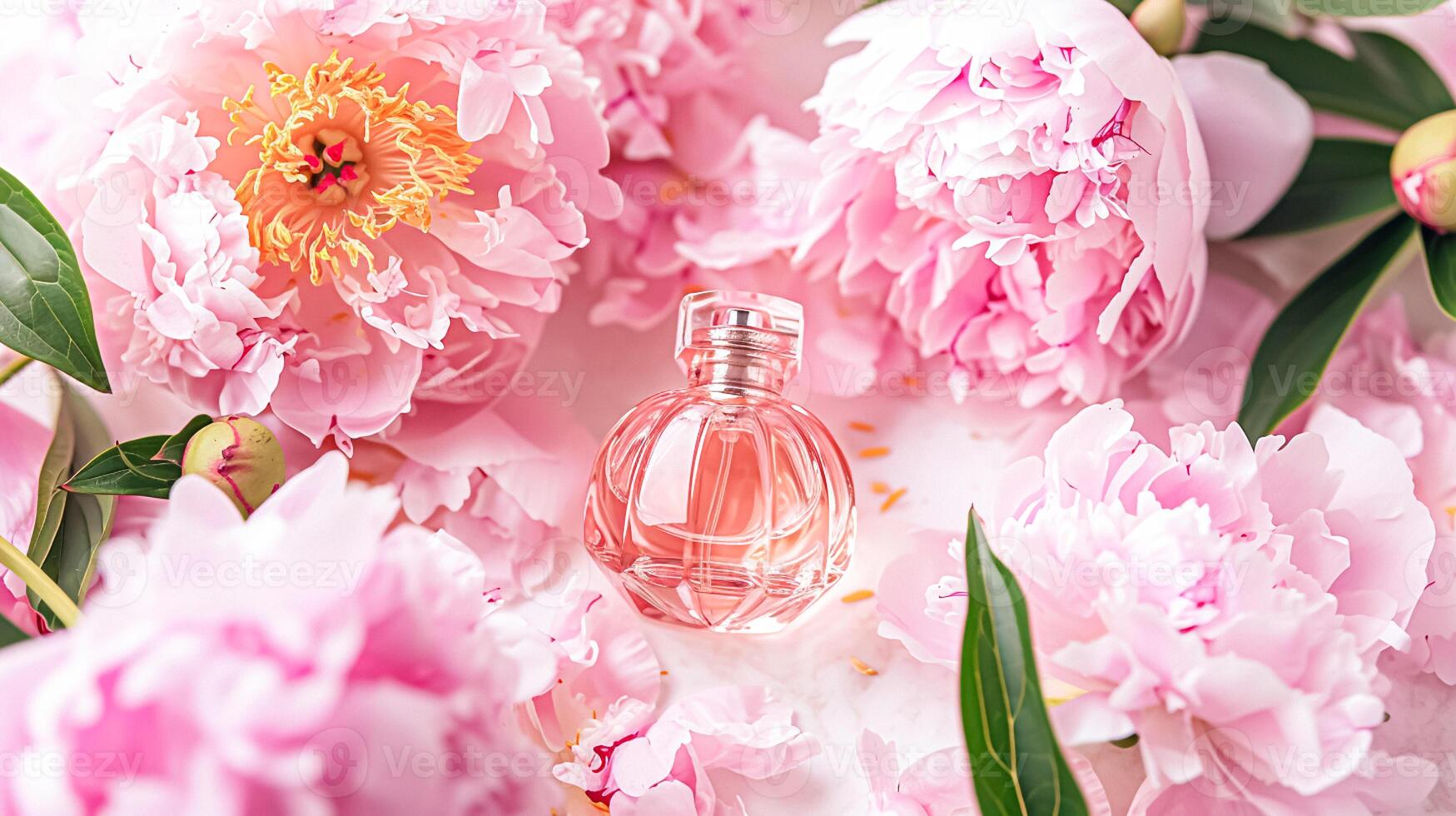 AI generated Perfume bottle in flowers, fragrance on blooming background, floral scent and cosmetic product photo