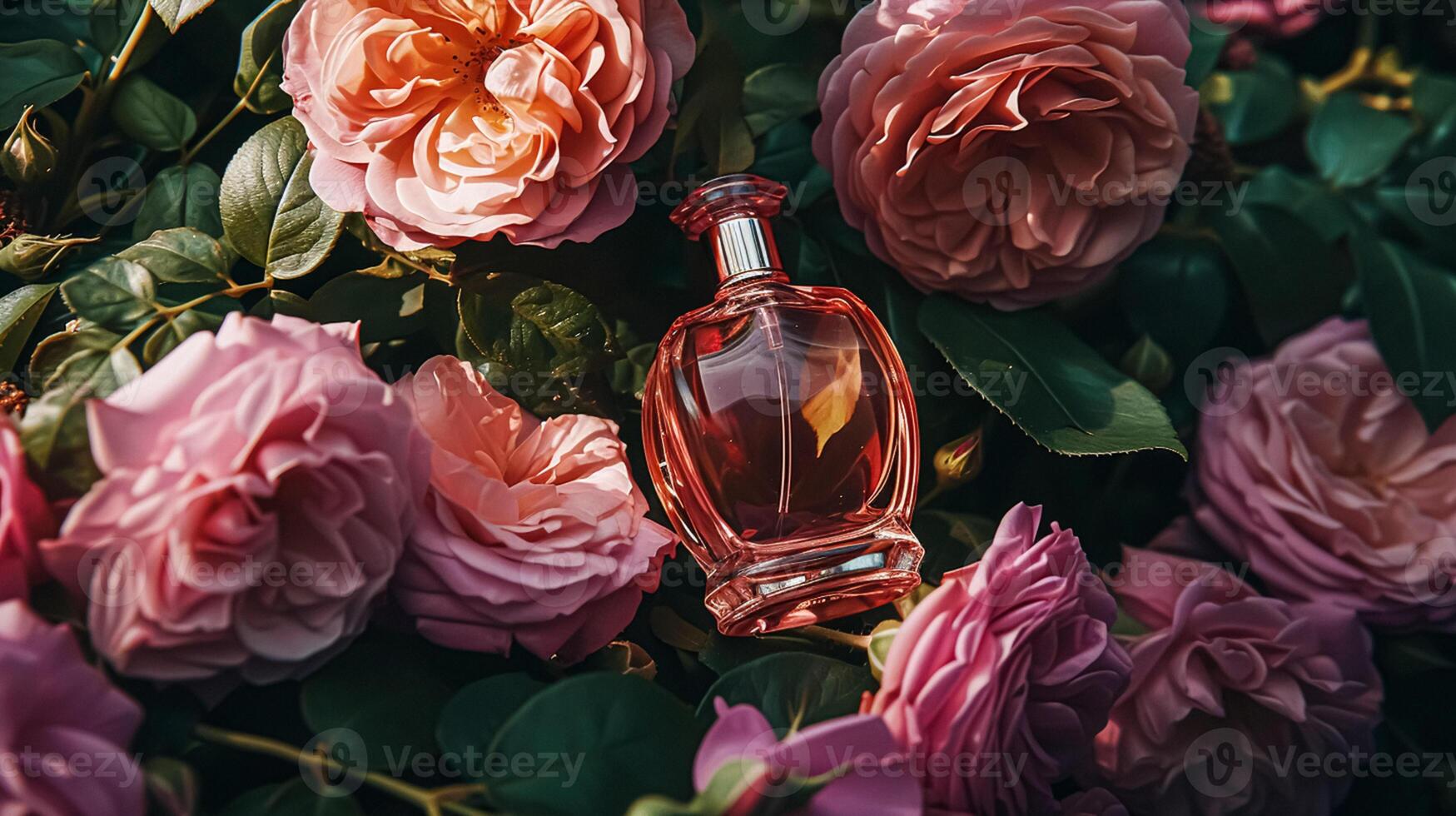 AI generated Perfume bottle in flowers, fragrance on blooming background, floral scent and cosmetic product photo