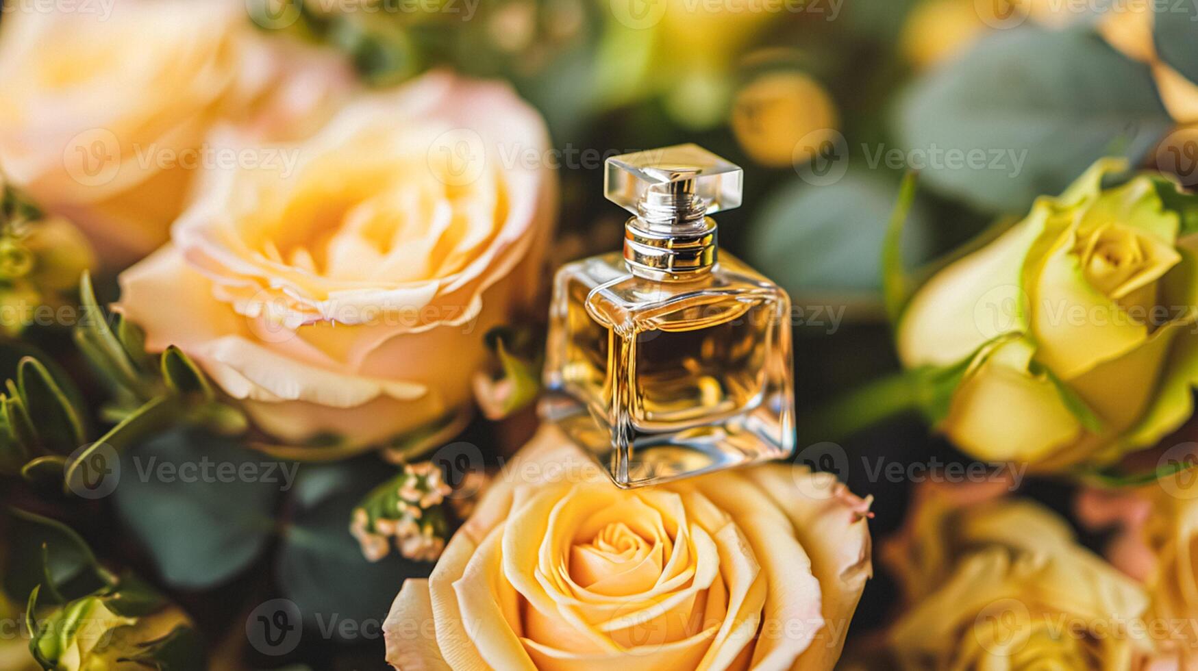 AI generated Perfume bottle in flowers, fragrance on blooming background, floral scent and cosmetic product photo