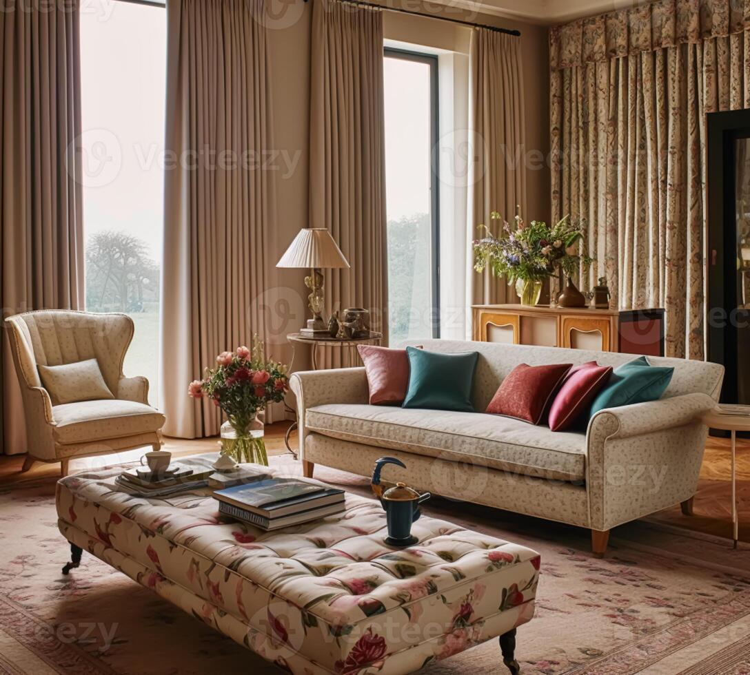 AI generated Elegant country lounge room decor, interior design and house improvement, living room furniture, sofa and home decor, countryside cottage style, generative ai photo