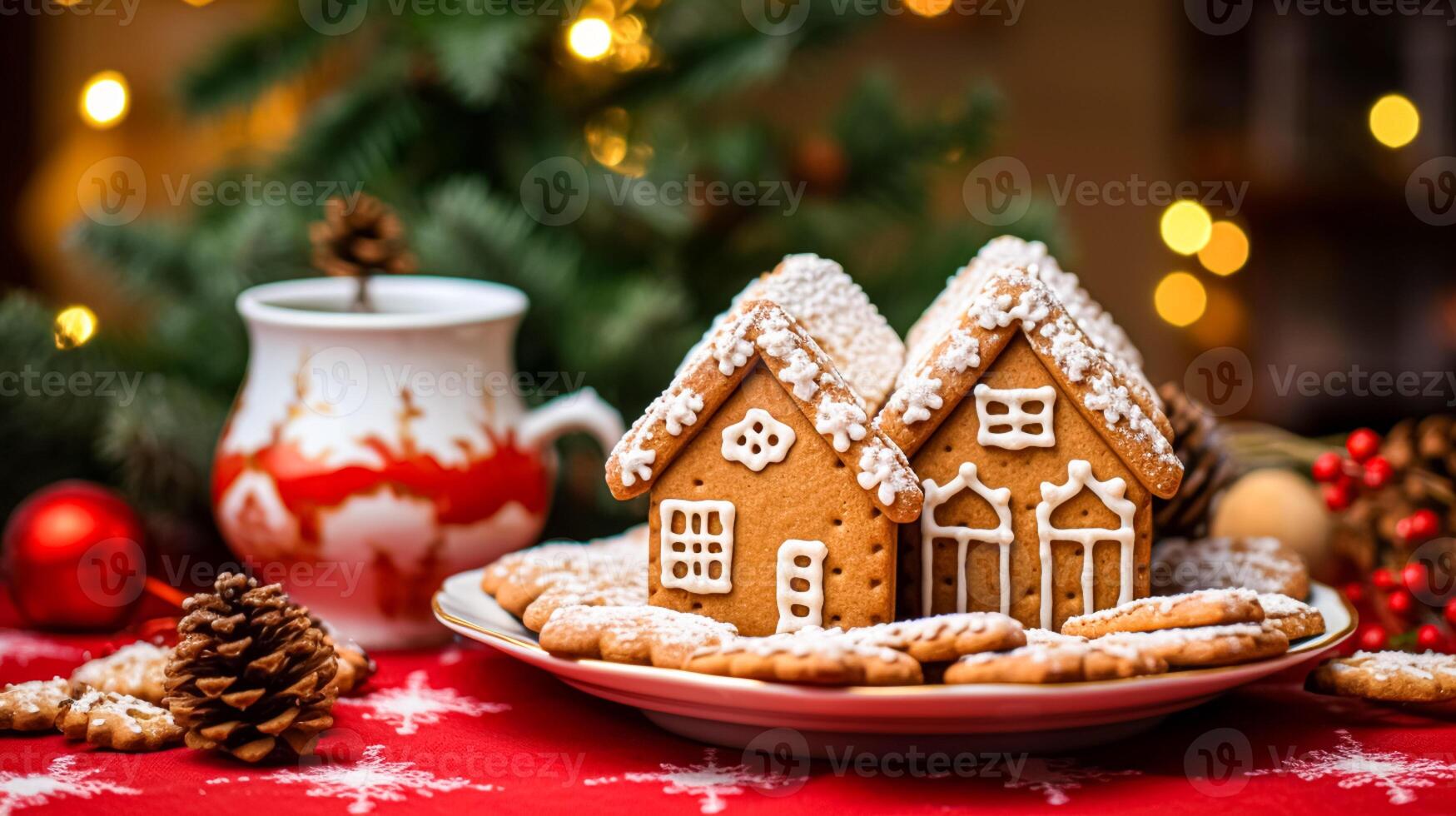 AI generated Christmas gingerbread house, holiday recipe and home baking, sweet dessert for cosy winter English country tea in the cottage, homemade food and cooking photo