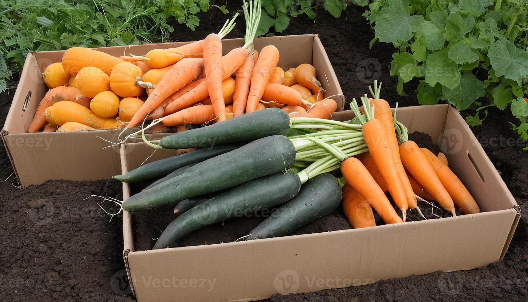 AI generated Freshly Harvested Carrots and Pumpkin in Cardboard Box photo