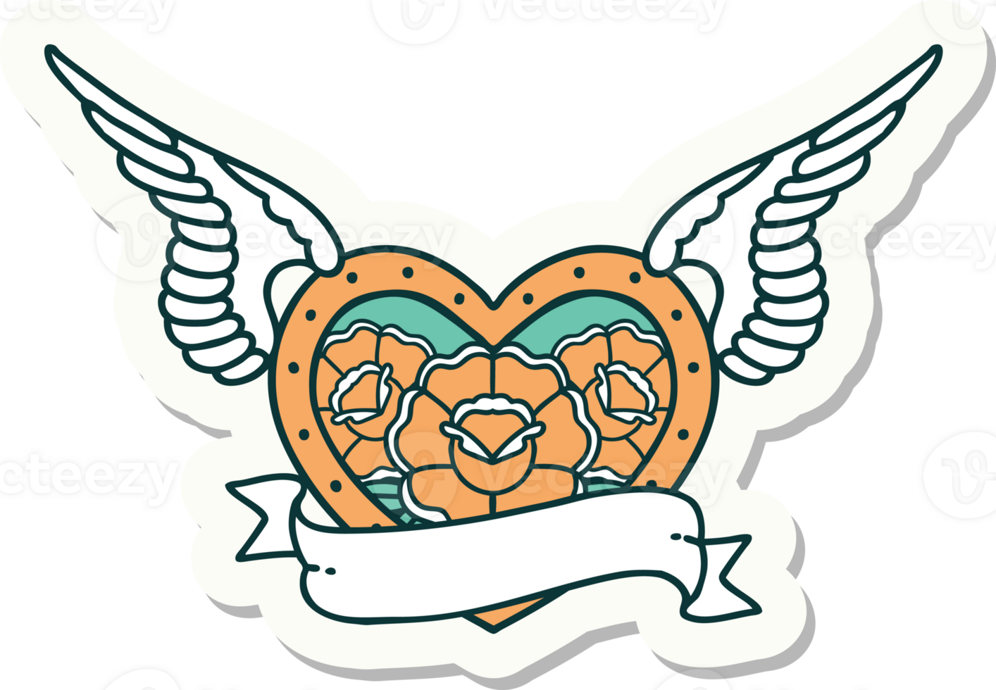 sticker of tattoo in traditional style of a flying heart with flowers and banner png