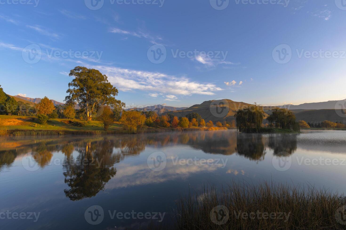 Reflection of autumn colored trees on the water photo