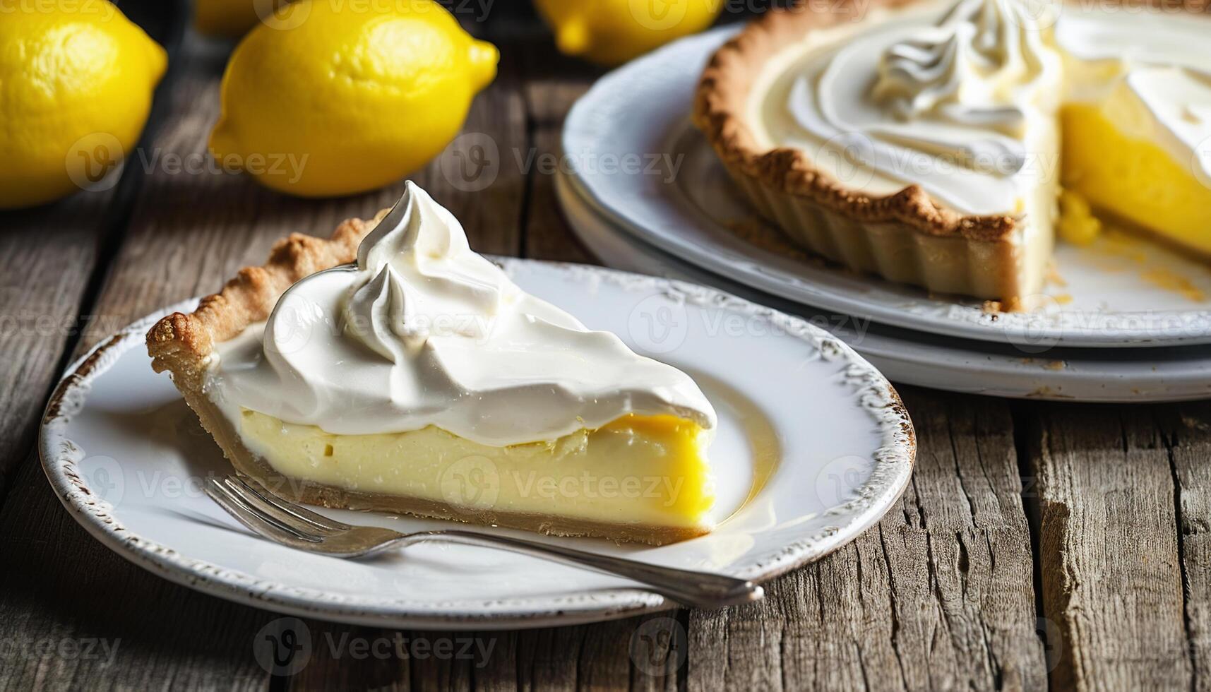 AI generated Lemon Pie with Creamy Sauce on Rustic Table photo