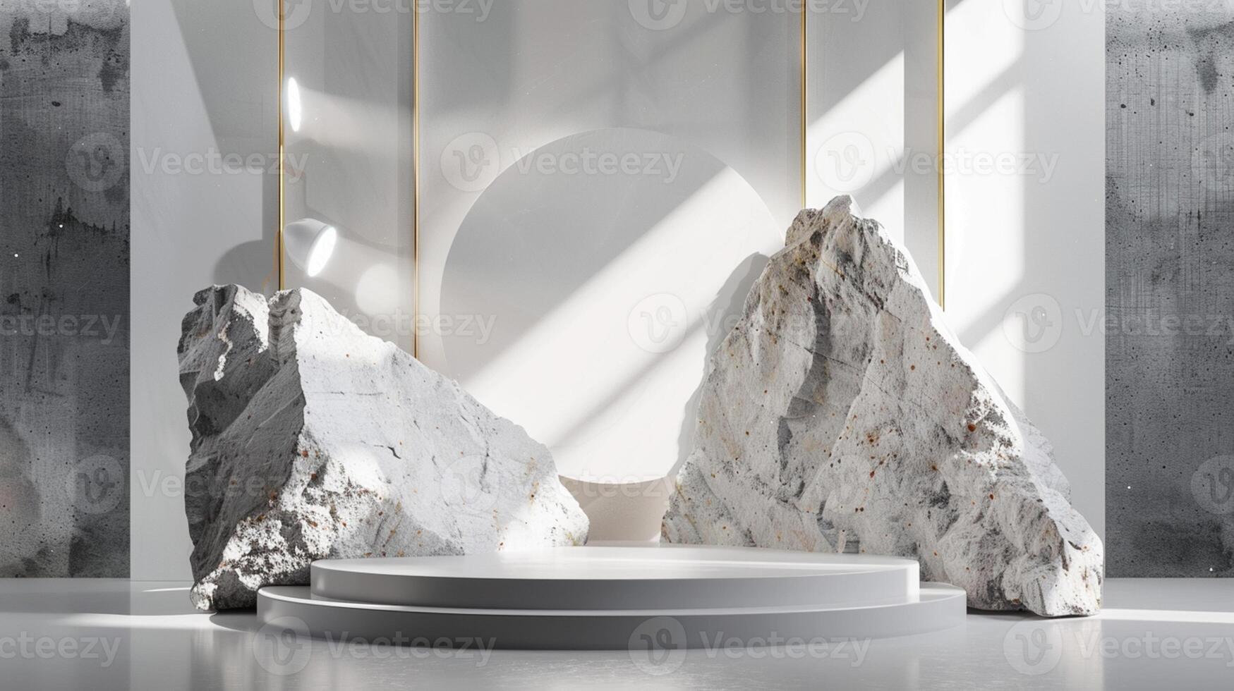 AI generated A white and gold of a nature marble platform surrounded by rocks. The background is geometric Stone and Rock shape, minimalist mockup for podium display showcase, studio room photo
