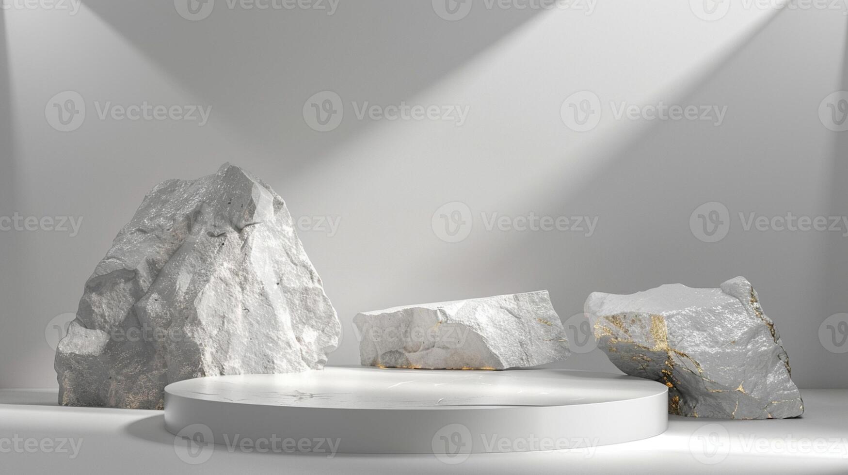 AI generated A white and gold of a nature marble platform surrounded by rocks. The background is geometric Stone and Rock shape, minimalist mockup for podium display showcase, studio room photo