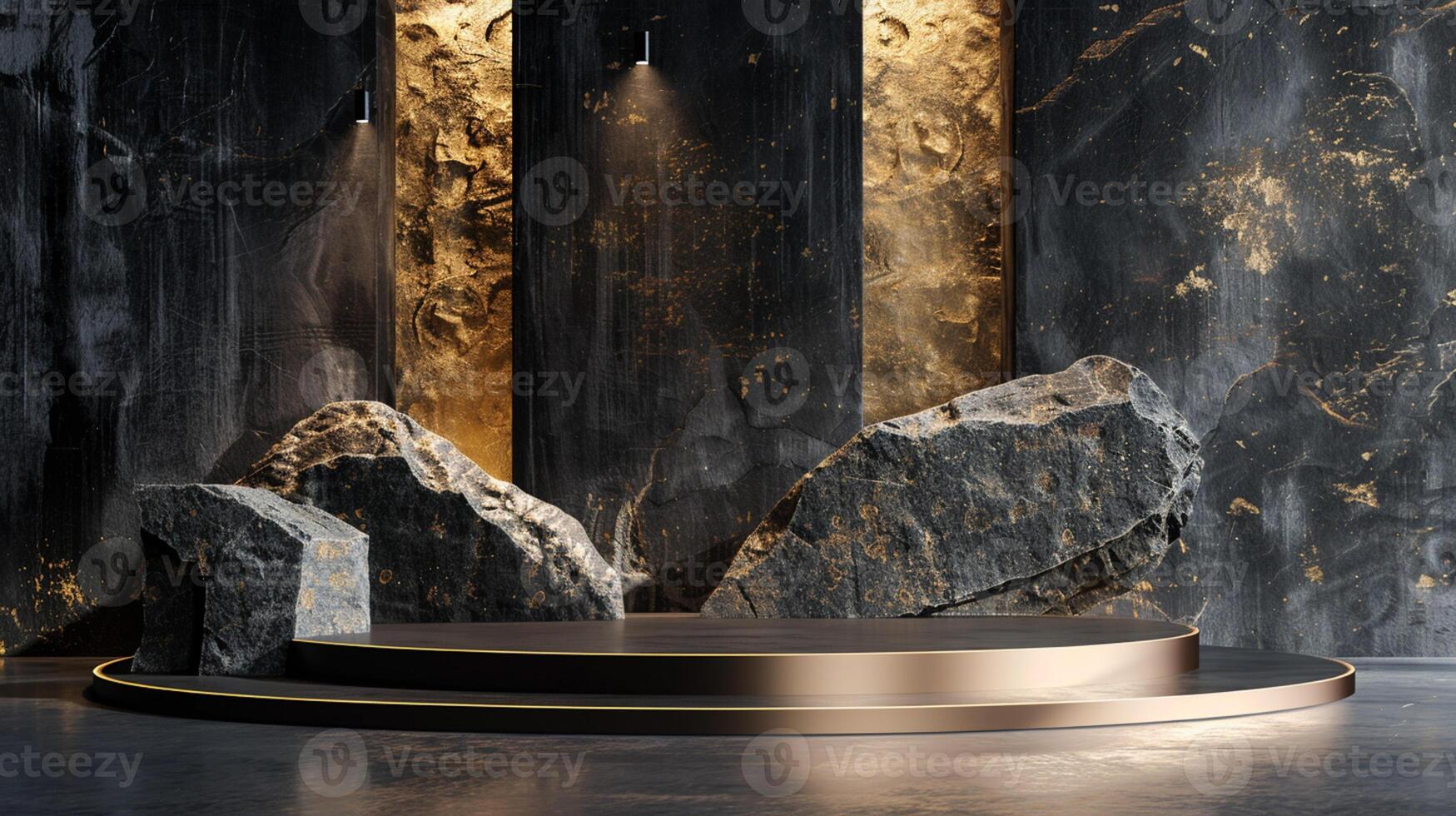 AI generated A black and gold of a nature marble platform surrounded by rocks. The background is geometric Stone and Rock shape, minimalist mockup for podium display showcase, studio room photo