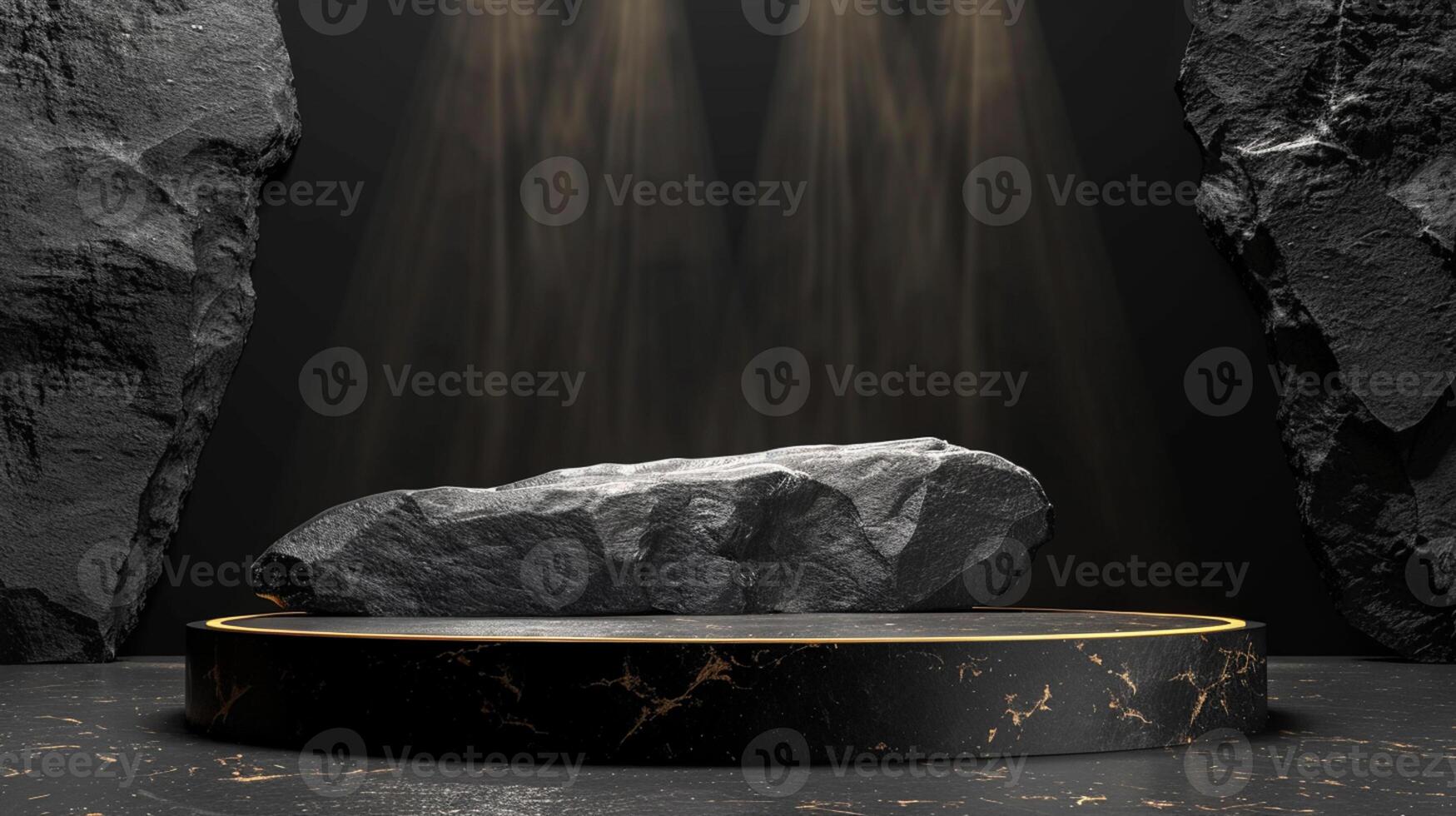AI generated A black and gold of a nature marble platform surrounded by rocks. The background is geometric Stone and Rock shape, minimalist mockup for podium display showcase, studio room photo