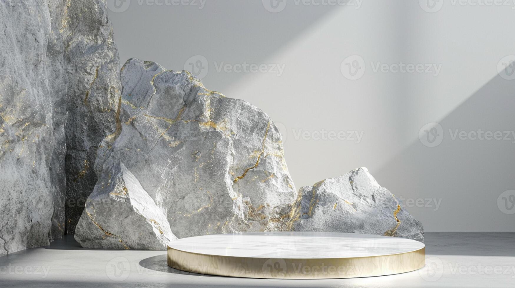 AI generated A white and gold of a nature marble platform surrounded by rocks. The background is geometric Stone and Rock shape, minimalist mockup for podium display showcase, studio room photo