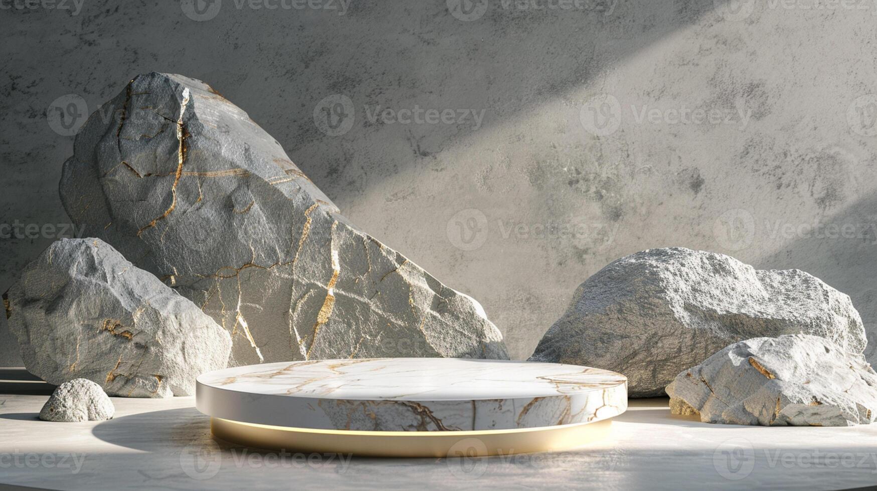 AI generated A white and gold of a nature marble platform surrounded by rocks. The background is geometric Stone and Rock shape, minimalist mockup for podium display showcase, studio room photo