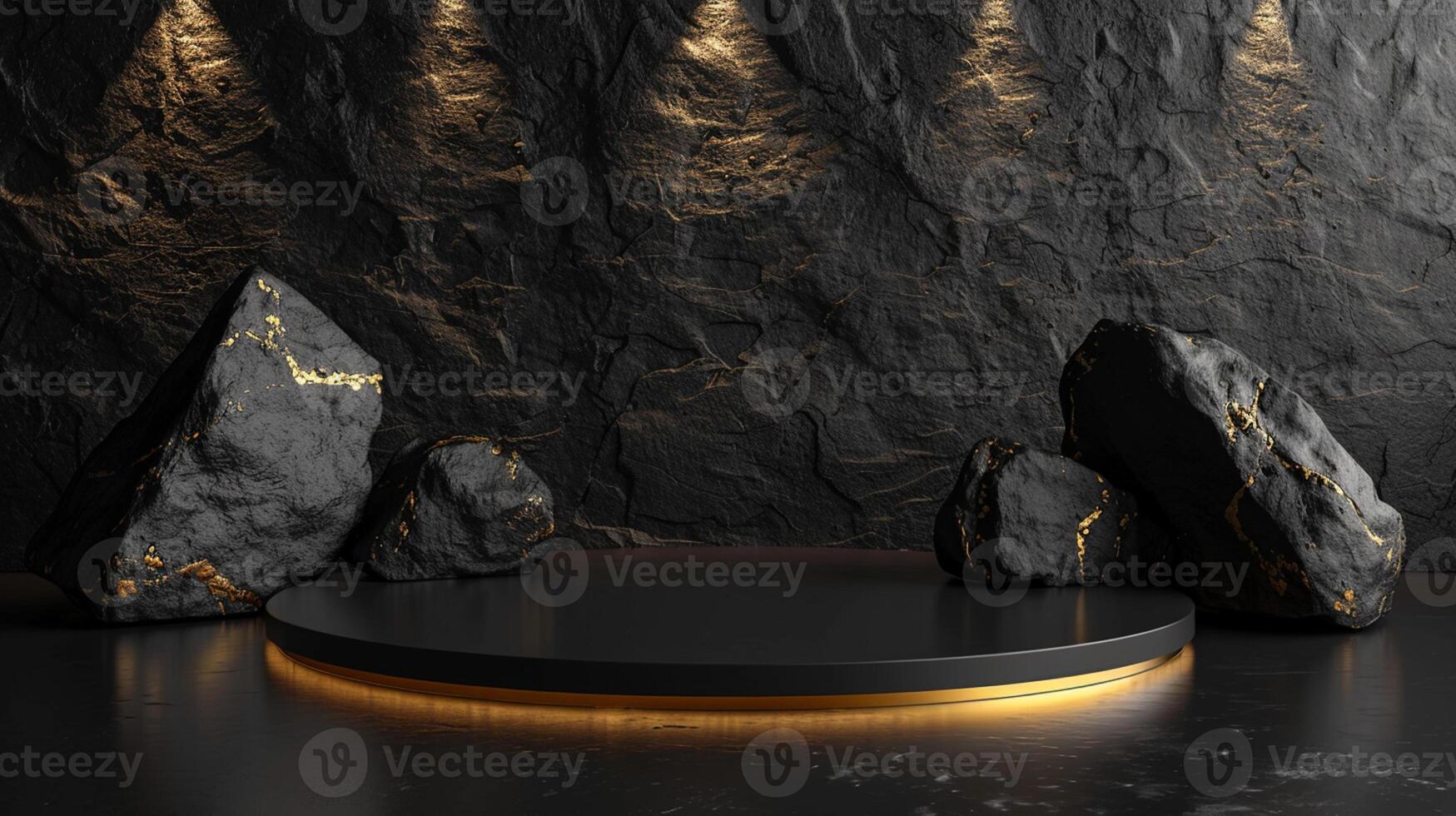 AI generated A black and gold of a nature marble platform surrounded by rocks. The background is geometric Stone and Rock shape, minimalist mockup for podium display showcase, studio room photo