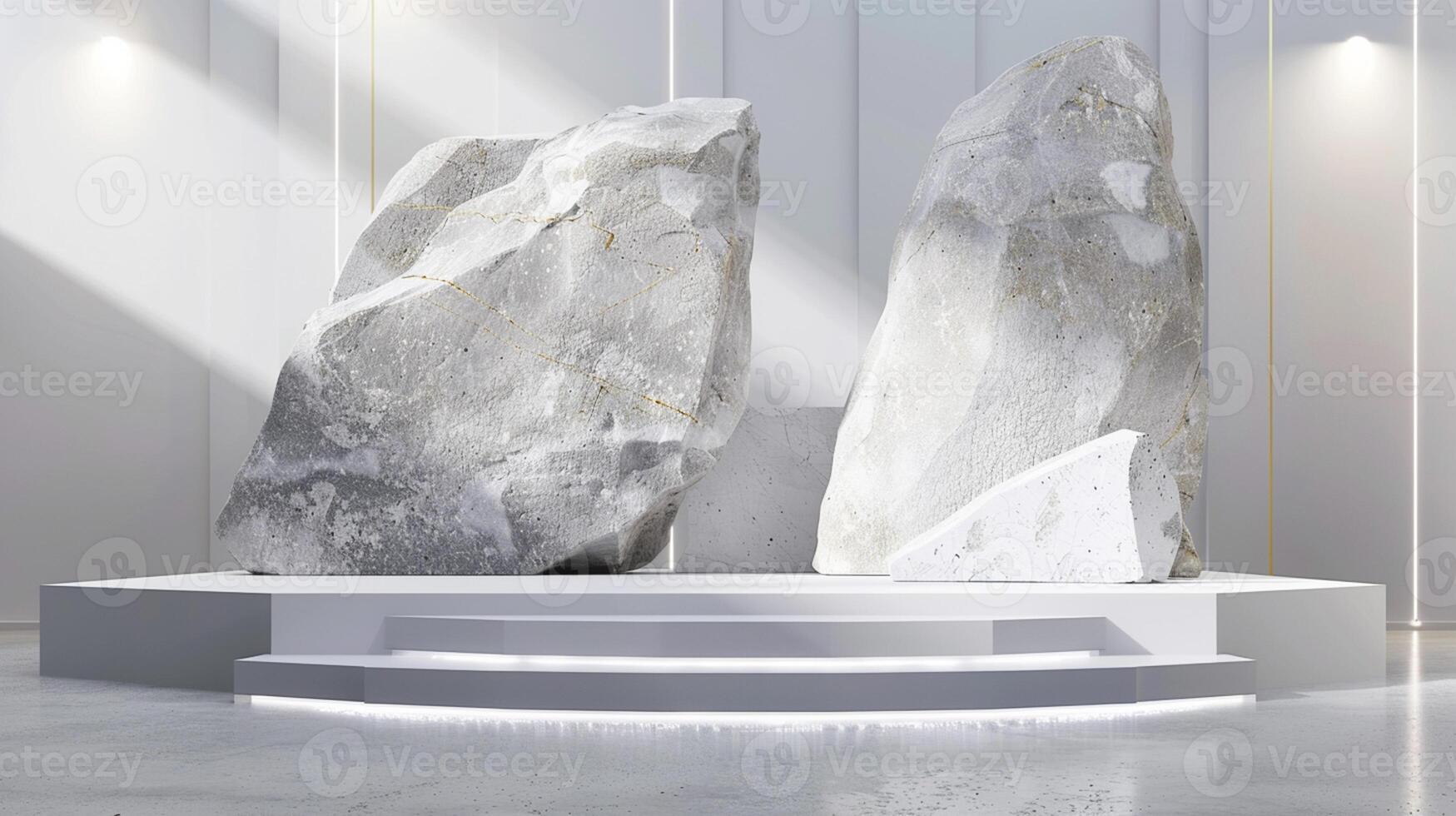 AI generated A white and gold of a nature marble platform surrounded by rocks. The background is geometric Stone and Rock shape, minimalist mockup for podium display showcase, studio room photo