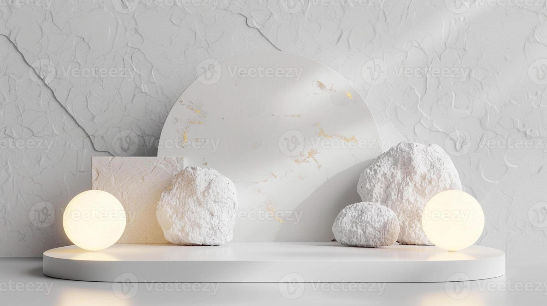 AI generated A white and gold of a nature marble platform surrounded by rocks. The background is geometric Stone and Rock shape, minimalist mockup for podium display showcase, studio room photo