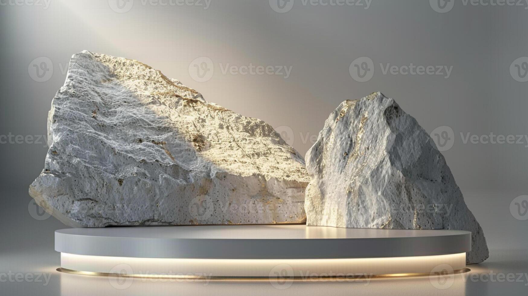 AI generated A white and gold of a nature marble platform surrounded by rocks. The background is geometric Stone and Rock shape, minimalist mockup for podium display showcase, studio room photo