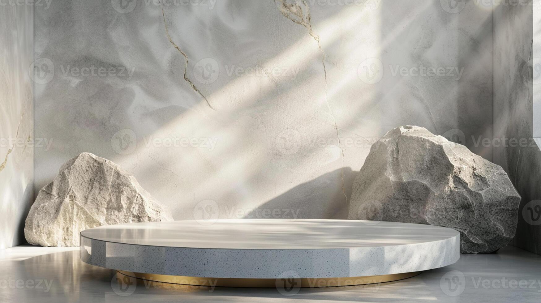 AI generated A white and gold of a nature marble platform surrounded by rocks. The background is geometric Stone and Rock shape, minimalist mockup for podium display showcase, studio room photo