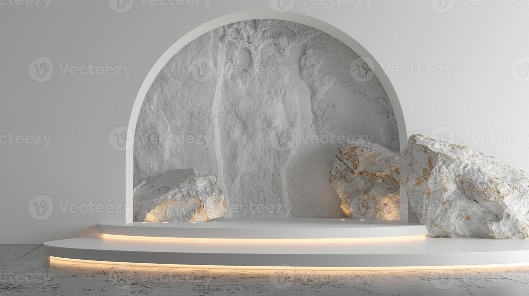AI generated A white and gold of a nature marble platform surrounded by rocks. The background is geometric Stone and Rock shape, minimalist mockup for podium display showcase, studio room photo