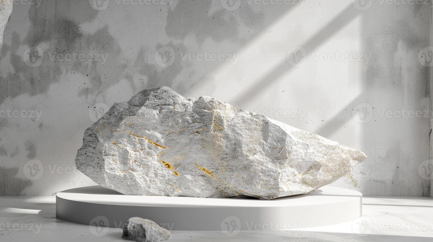 AI generated A white and gold of a nature marble platform surrounded by rocks. The background is geometric Stone and Rock shape, minimalist mockup for podium display showcase, studio room photo