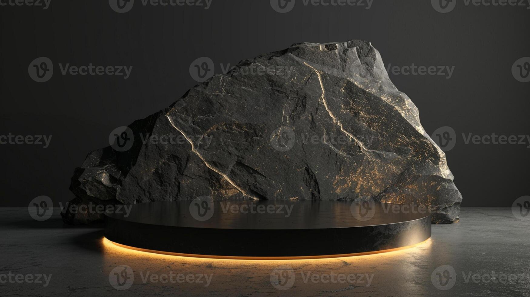 AI generated A black and gold of a nature marble platform surrounded by rocks. The background is geometric Stone and Rock shape, minimalist mockup for podium display showcase, studio room photo