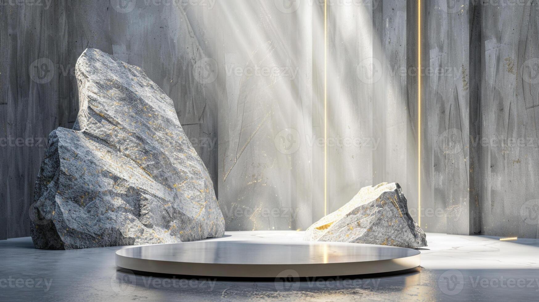AI generated A white and gold of a nature marble platform surrounded by rocks. The background is geometric Stone and Rock shape, minimalist mockup for podium display showcase, studio room photo