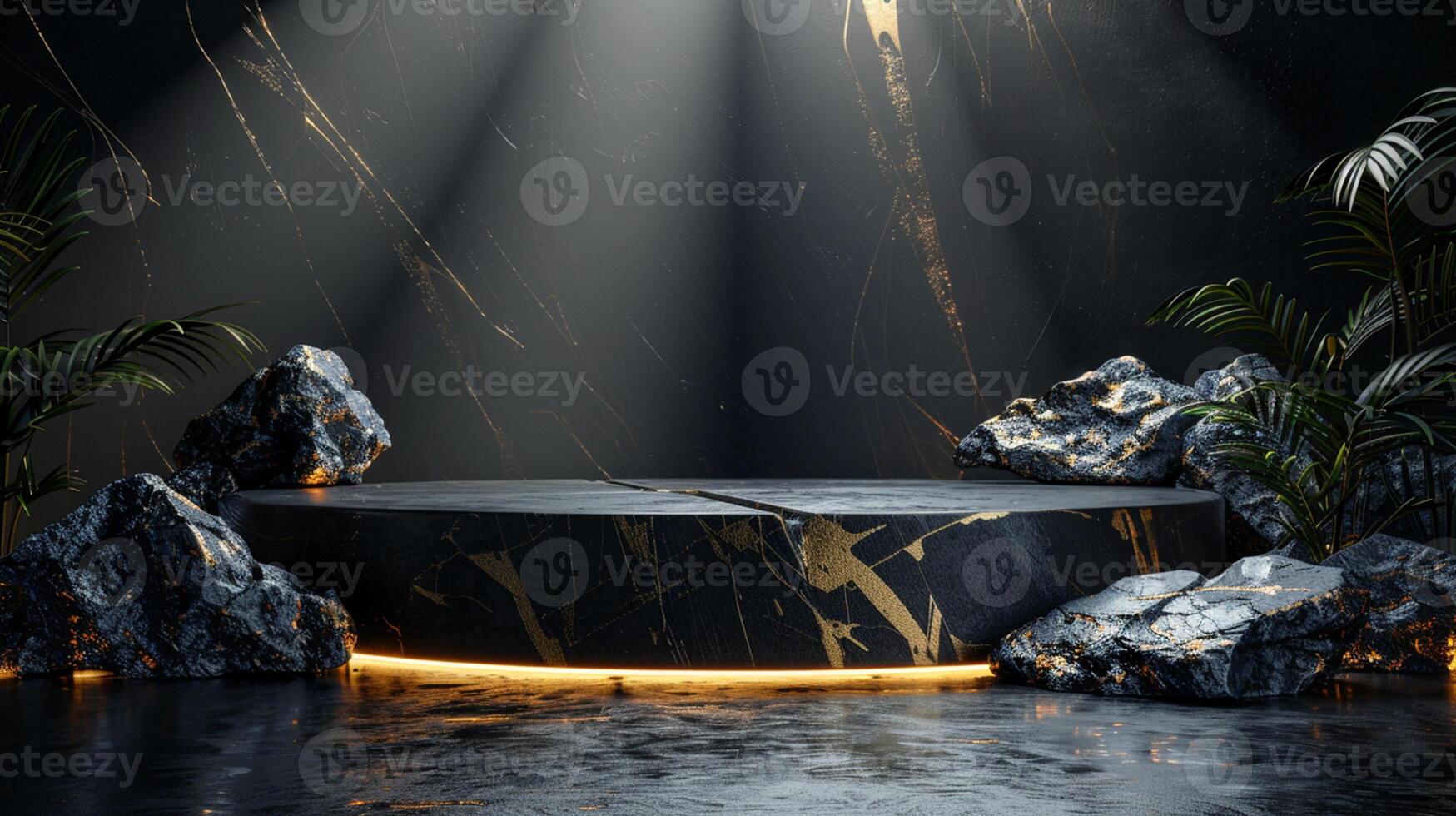 AI generated A black and gold of a nature marble platform surrounded by rocks. The background is geometric Stone and Rock shape, minimalist mockup for podium display showcase, studio room photo