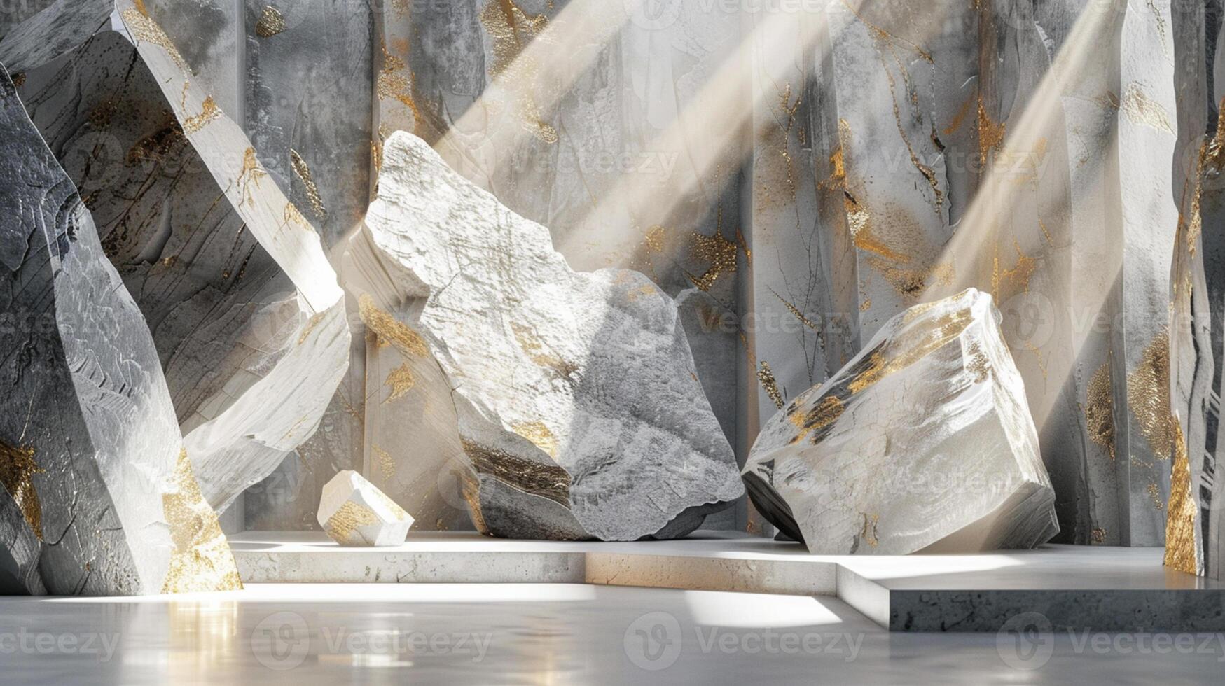 AI generated A white and gold of a nature marble platform surrounded by rocks. The background is geometric Stone and Rock shape, minimalist mockup for podium display showcase, studio room photo