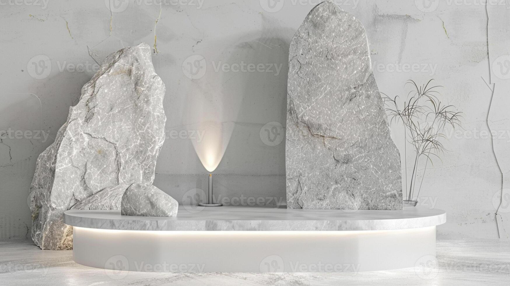 AI generated A white and gold of a nature marble platform surrounded by rocks. The background is geometric Stone and Rock shape, minimalist mockup for podium display showcase, studio room photo