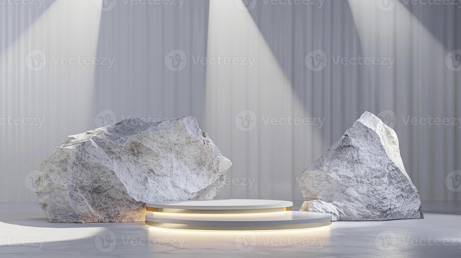 AI generated A white and gold of a nature marble platform surrounded by rocks. The background is geometric Stone and Rock shape, minimalist mockup for podium display showcase, studio room photo