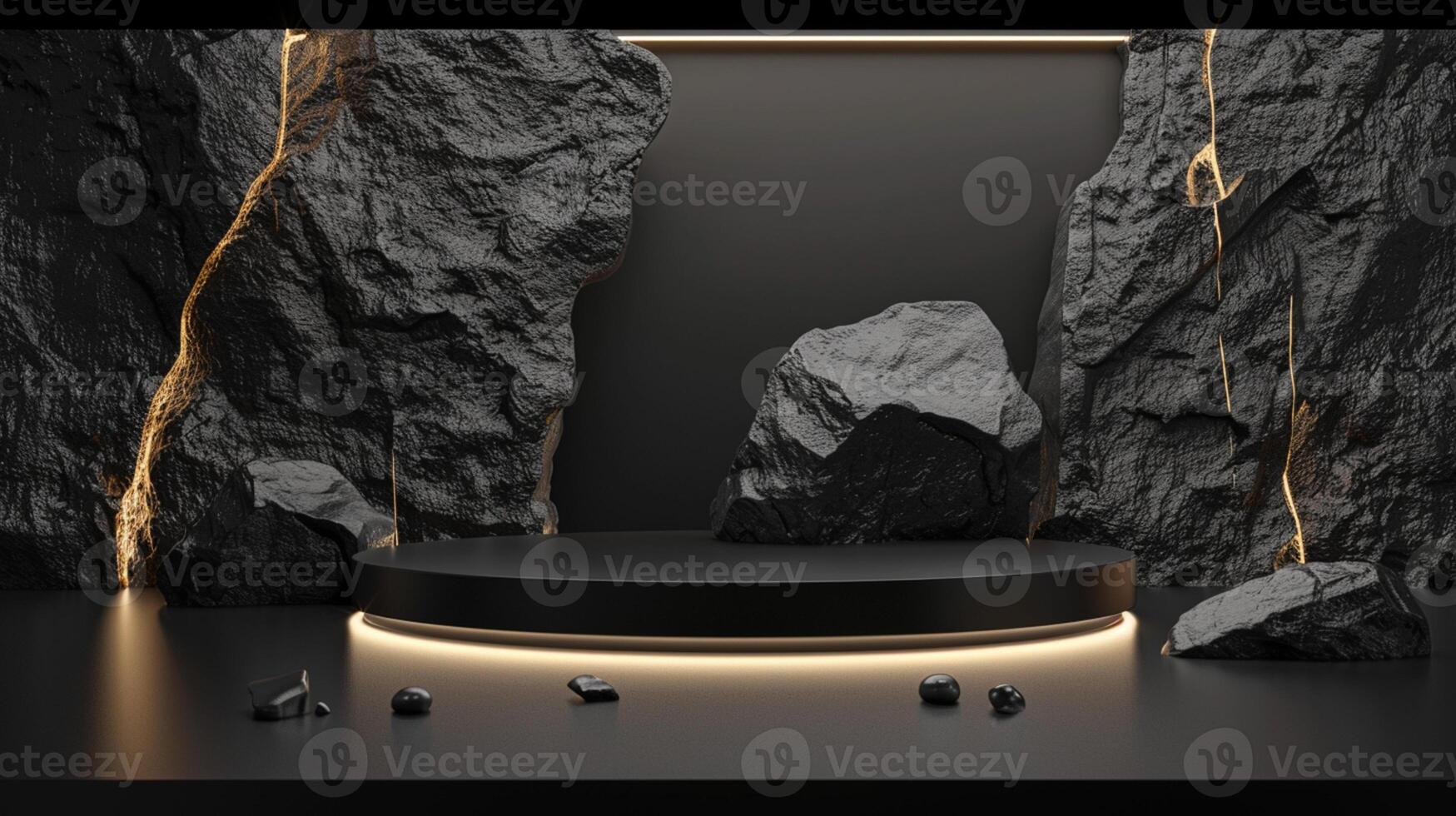 AI generated A black and gold of a nature marble platform surrounded by rocks. The background is geometric Stone and Rock shape, minimalist mockup for podium display showcase, studio room photo