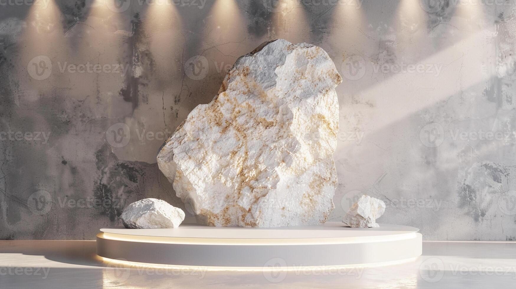 AI generated A white and gold of a nature marble platform surrounded by rocks. The background is geometric Stone and Rock shape, minimalist mockup for podium display showcase, studio room photo