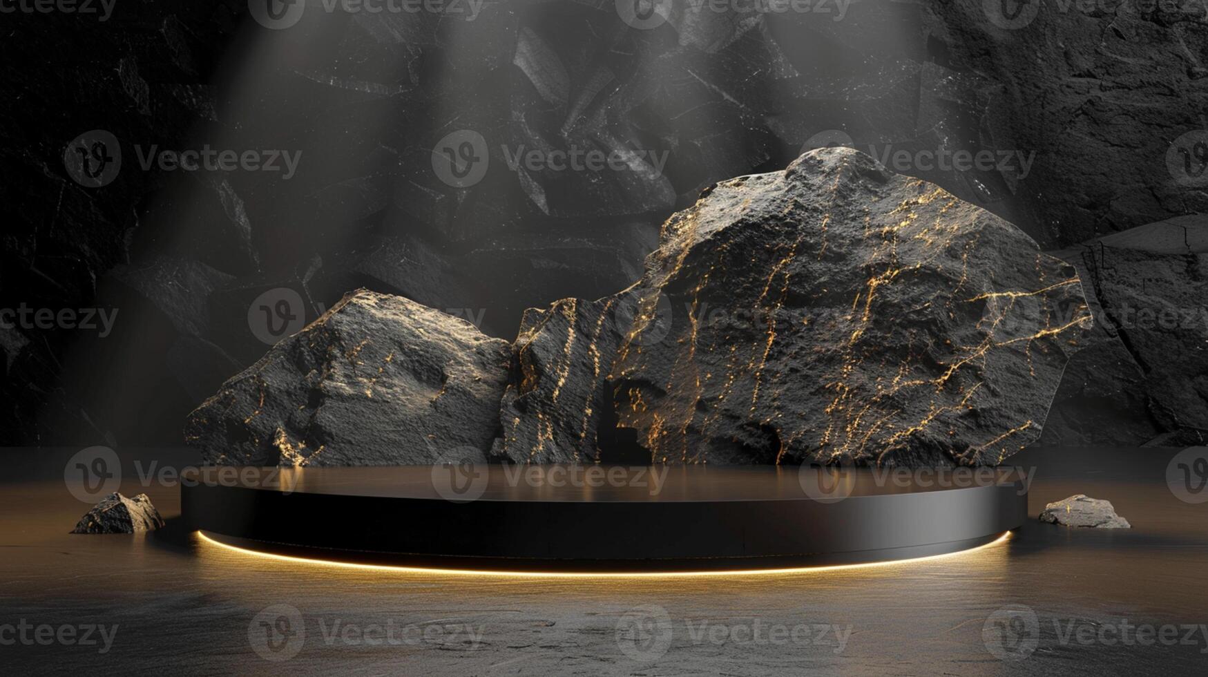 AI generated A black and gold of a nature marble platform surrounded by rocks. The background is geometric Stone and Rock shape, minimalist mockup for podium display showcase, studio room photo