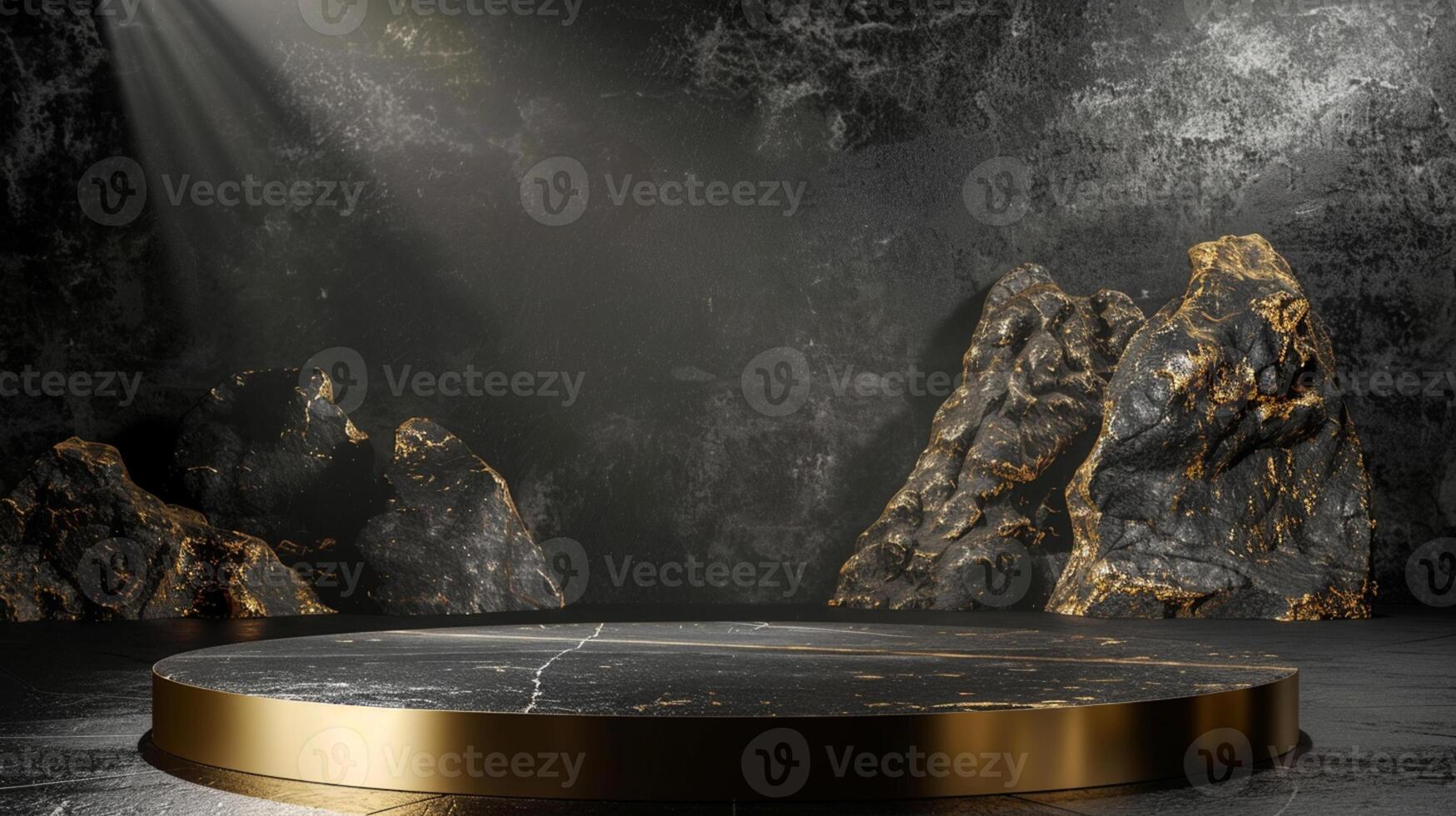 AI generated A black and gold of a nature marble platform surrounded by rocks. The background is geometric Stone and Rock shape, minimalist mockup for podium display showcase, studio room photo