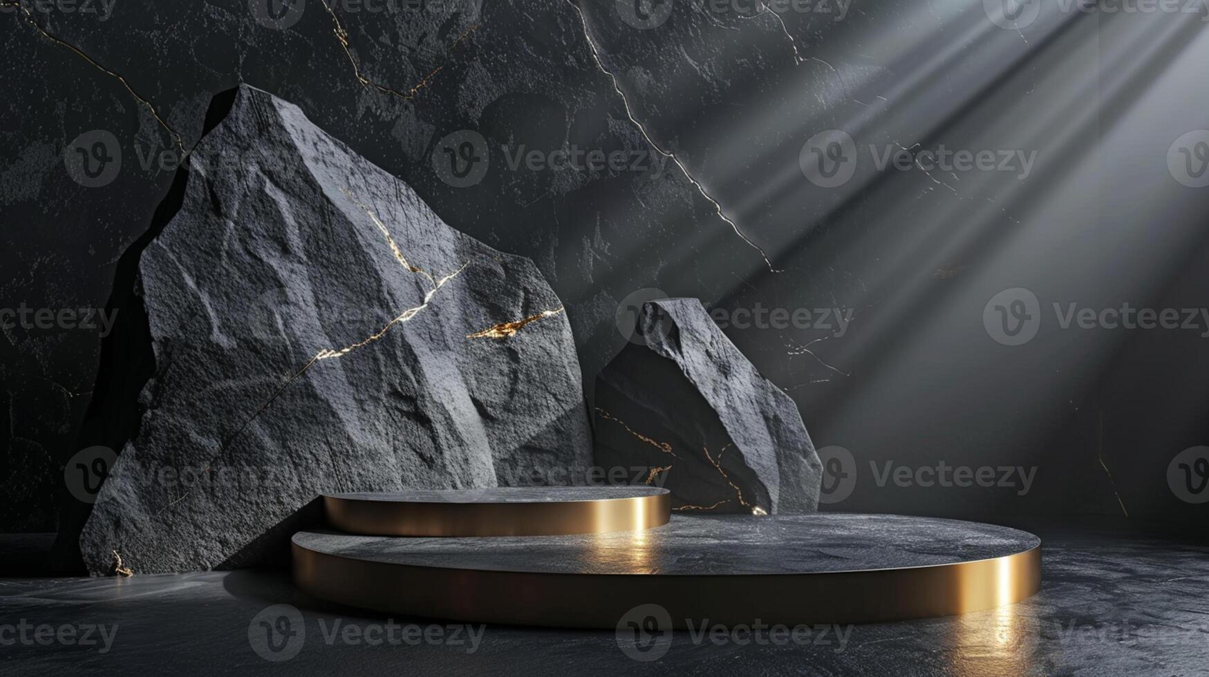 AI generated A black and gold of a nature marble platform surrounded by rocks. The background is geometric Stone and Rock shape, minimalist mockup for podium display showcase, studio room photo