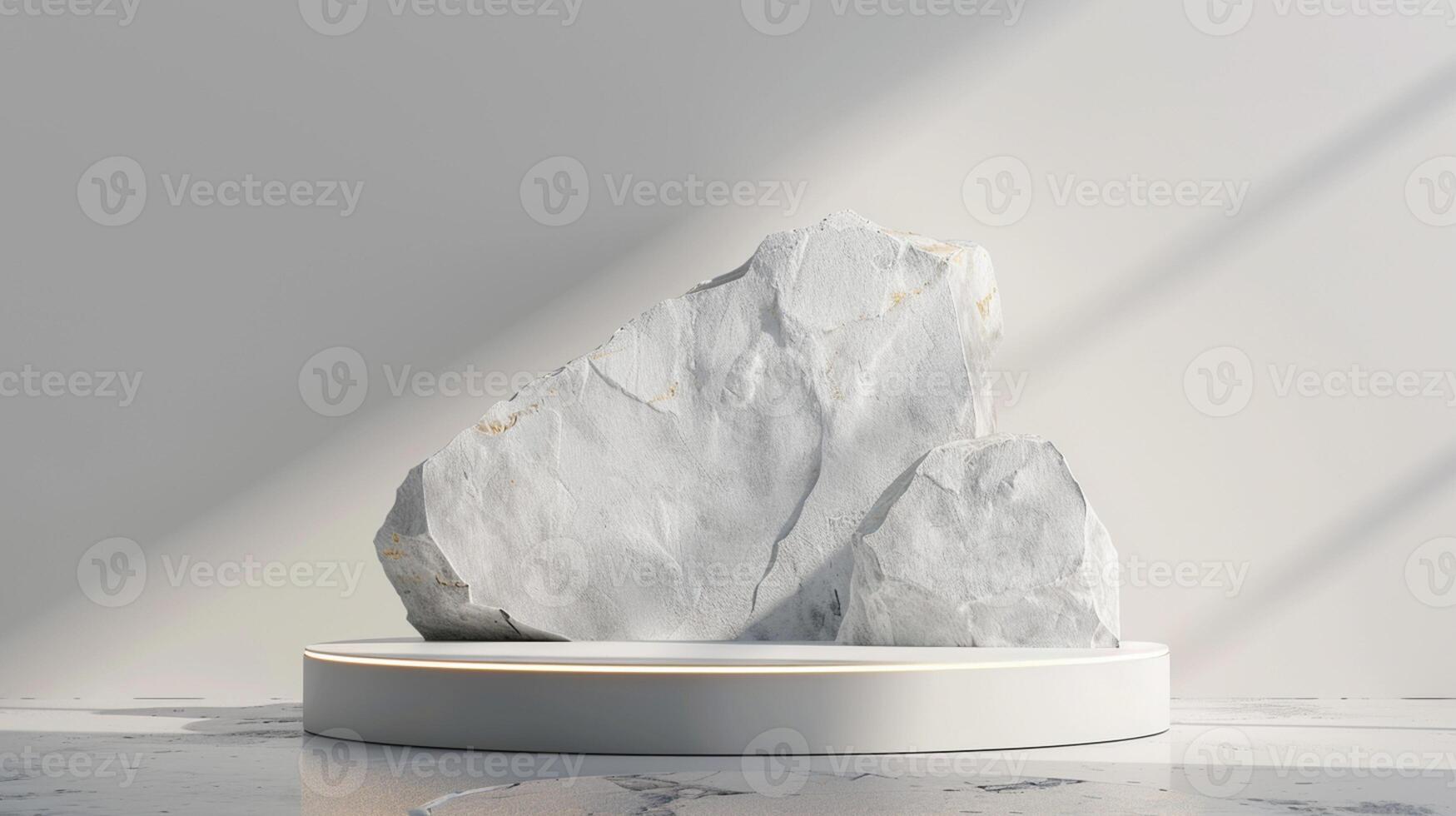 AI generated A white and gold of a nature marble platform surrounded by rocks. The background is geometric Stone and Rock shape, minimalist mockup for podium display showcase, studio room photo