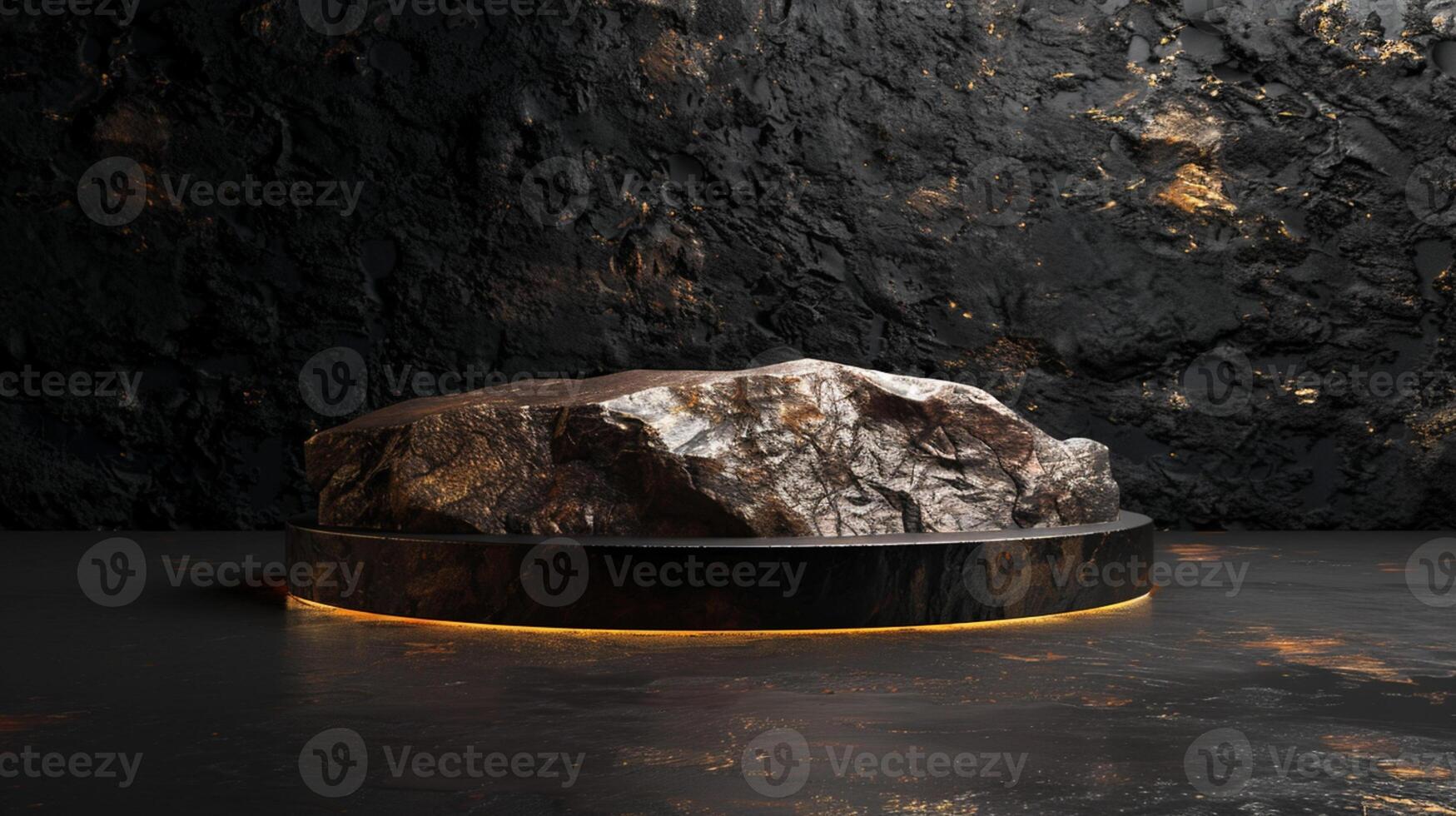 AI generated A black and gold of a nature marble platform surrounded by rocks. The background is geometric Stone and Rock shape, minimalist mockup for podium display showcase, studio room photo