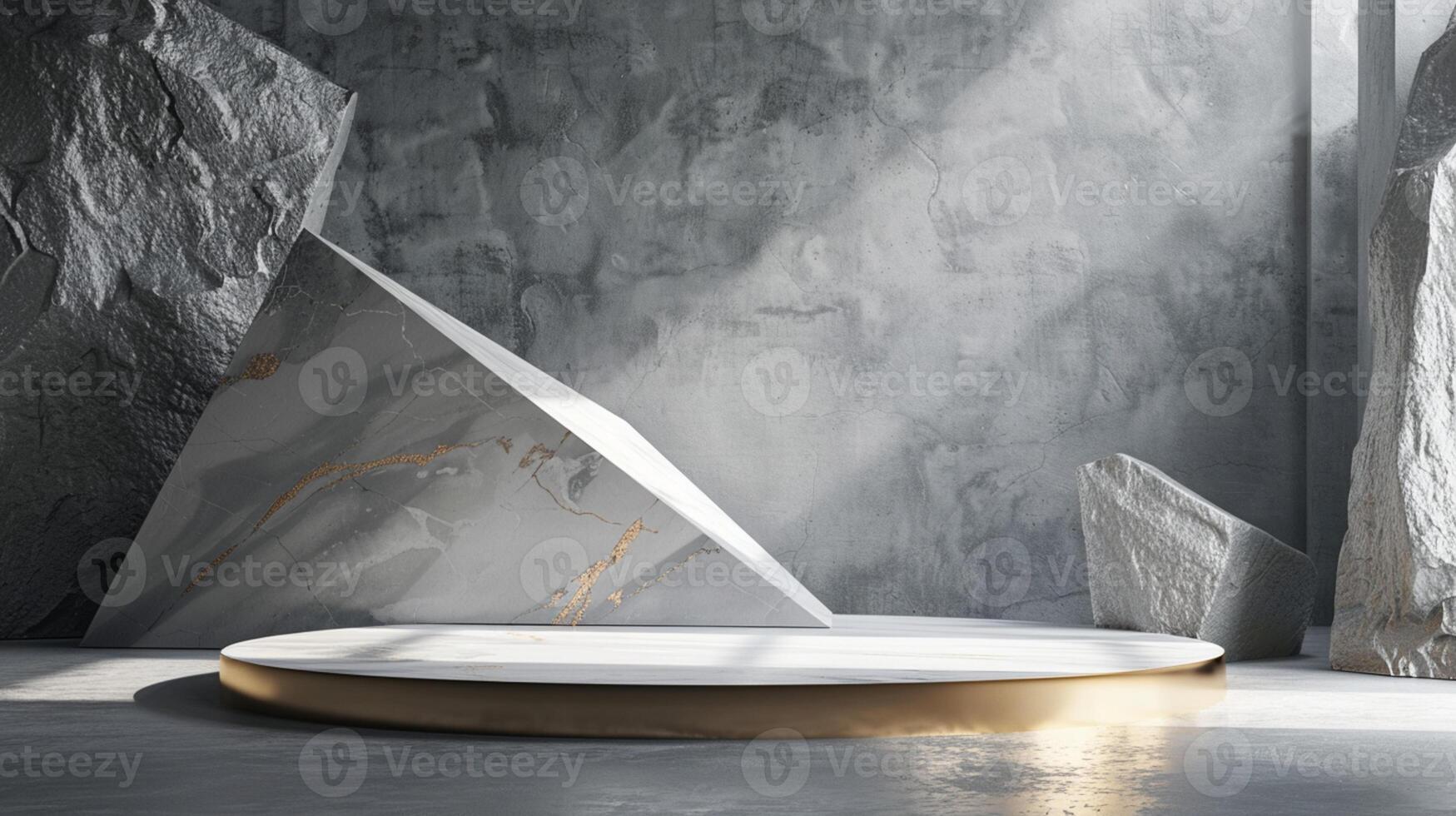AI generated A white and gold of a nature marble platform surrounded by rocks. The background is geometric Stone and Rock shape, minimalist mockup for podium display showcase, studio room photo