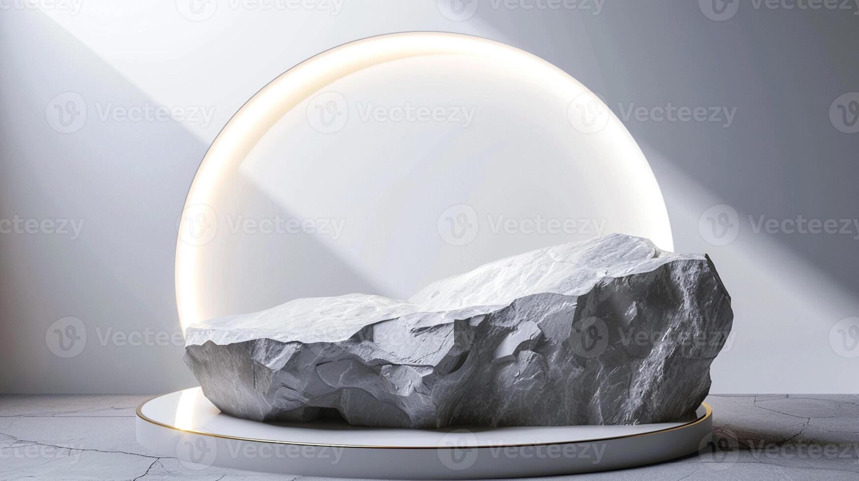 AI generated A white and gold of a nature marble platform surrounded by rocks. The background is geometric Stone and Rock shape, minimalist mockup for podium display showcase, studio room photo