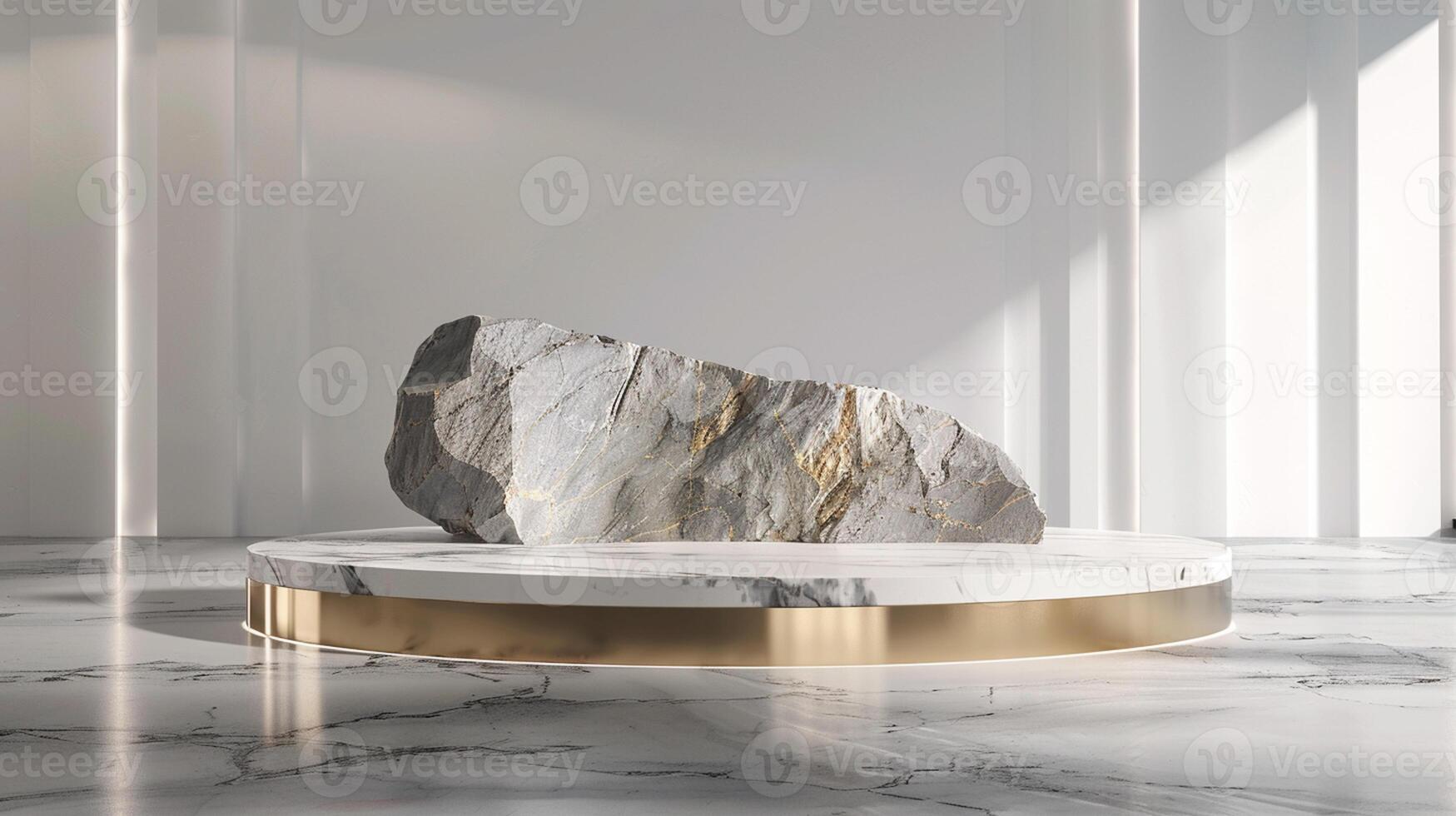 ai generado un blanco y oro de un naturaleza mármol plataforma rodeado por rocas el antecedentes es geométrico Roca y rock forma, minimalista Bosquejo para podio monitor escaparate, estudio habitación foto