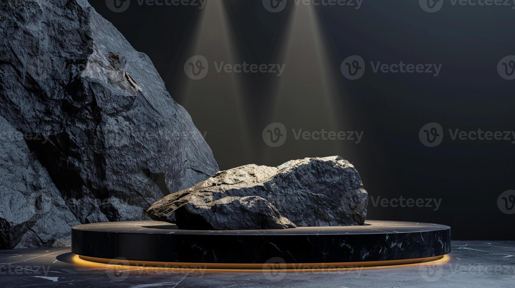 AI generated A black and gold of a nature marble platform surrounded by rocks. The background is geometric Stone and Rock shape, minimalist mockup for podium display showcase, studio room photo