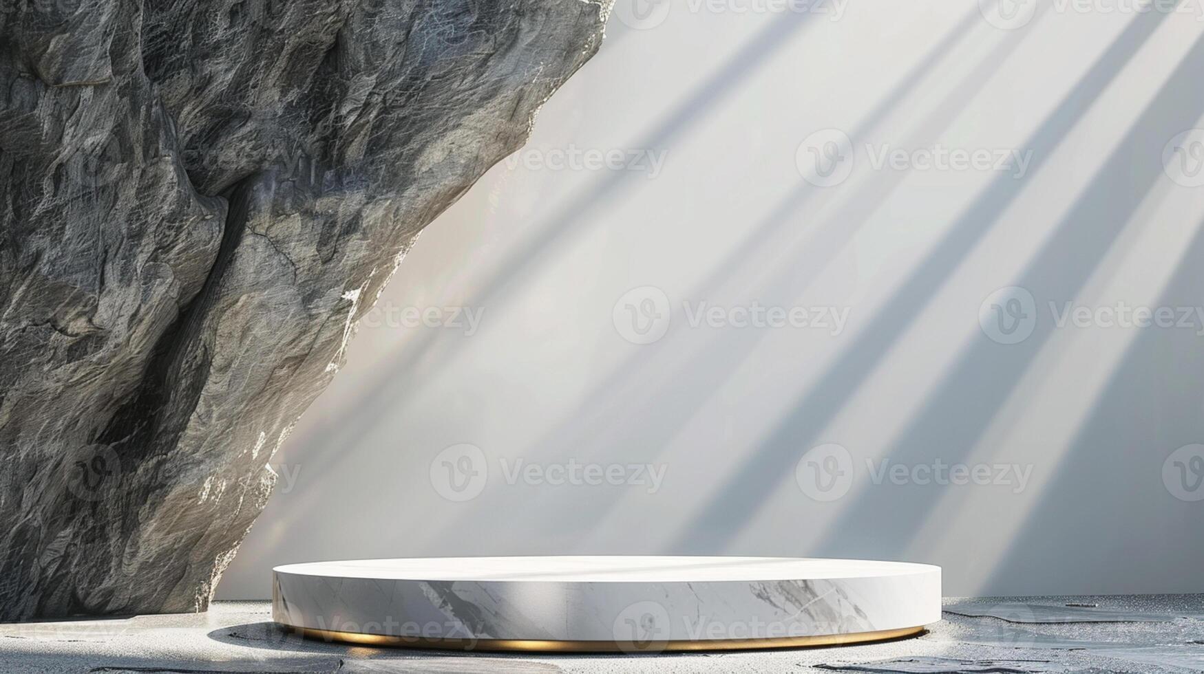 AI generated A white and gold of a nature marble platform surrounded by rocks. The background is geometric Stone and Rock shape, minimalist mockup for podium display showcase, studio room photo