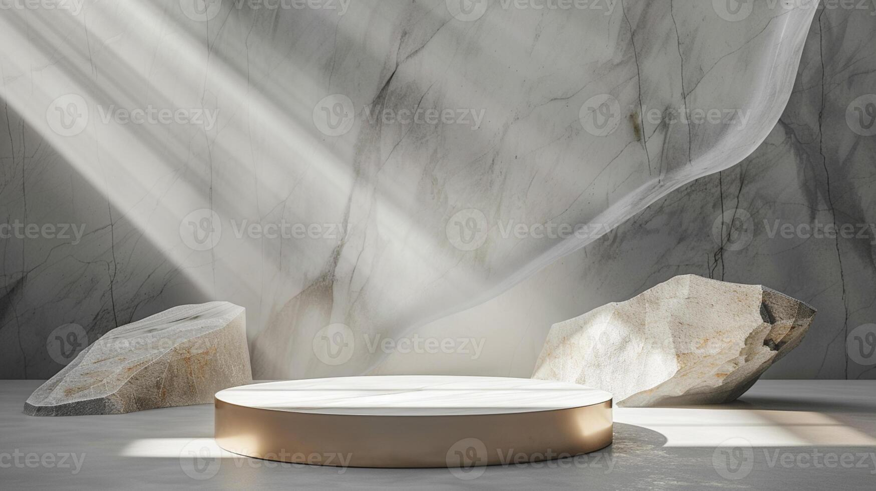 AI generated A white and gold of a nature marble platform surrounded by rocks. The background is geometric Stone and Rock shape, minimalist mockup for podium display showcase, studio room photo